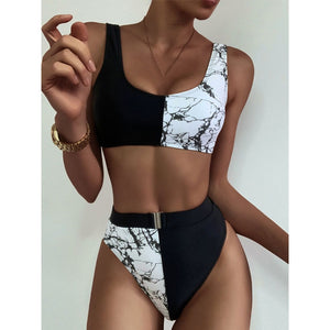 Printed Patchwork High Waisted High Cut Belted Bikini Set