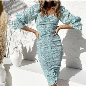 Dot Print Long Sleeve Lacing Up Ruched Mid Long Dress