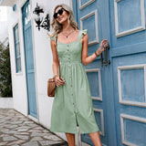 Cotton Square Neck Spaghetti Strap Button Ruffle Maxi Dress