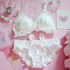 Bow Ruffle Rabbit Ears Lingerie Bra and Panties Set