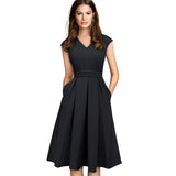 Brief Elegant Solid Color A-Line Flare Dress with Pocket