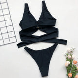 Cross Bandage Bikini Solid Push Up Sexy Padded Beachwear