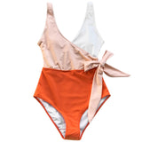 Color Block One-piece Swimsuit Patchwork Belt Bow Monokini