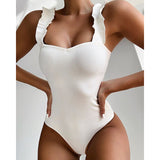 Ribbed Push Up Bodysuit Ruffle Strap 1-Piece Beachwear