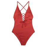 Solid 1-Piece Swimsuit Women Backless V Neck Lace Up Monokini