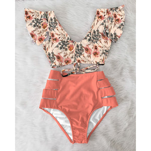 High Waist Ruffle Swimwear Floral Print Push Up Bikinis