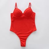 Push Up Bodysuit One Piece Strap High Cut Ribbed Swimwear