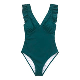 Teal Plunging Solid Swimsuit Women Ruffle Monokini