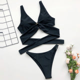 Cross Bandage Bikini Solid Push Up Sexy Padded Beachwear