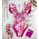 Sexy Print Deep V-Neck Swimsuit Ruffle Push Up Backless Monokini