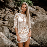 Crochet Hollow-Out Cover Up Deep Open Back Beach Mini Dress