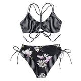 Stripe Floral Bikini Sets Low Waist Two Pieces Swimwear