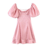 Retro Leopard Pink Satin Lantern sleeve Backless Mini Dress