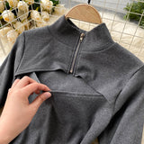 Knitted Stand Collar Long Sleeve Hollow Out Bodysuit Rompers