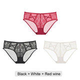 3 pieces - Mid-Rise Lace Embroidery Hollow Out Transparent Panties