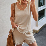 Two Piece Tracksuit Tassel Sleeveless Tops And Slim Shorts