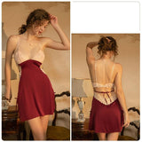 Lace Bow Knot Halter Strap Sleepwear V-Neck Embroidery Silk Dress