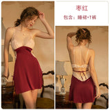 Lace Bow Knot Halter Strap Sleepwear V-Neck Embroidery Silk Dress