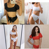 High Waist Bubble Short Sleeve Swimsuit Belt Bikinis