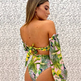 Long Sleeve Bikini Print High Waist Mesh Sleeves Swimsuit