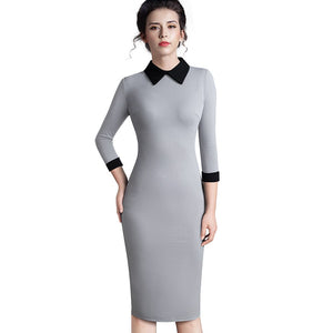 Vintage Turn-Down Collar Fit Pencil Bodycon Midi Dress