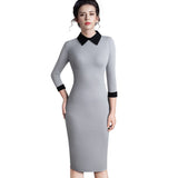 Vintage Turn-Down Collar Fit Pencil Bodycon Midi Dress