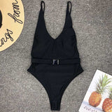 One Piece Swimsuit High Cut Belted Backless Beachwear