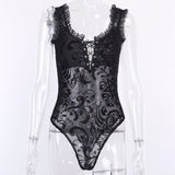 Gothic Patchwork Transparent Grunge Punk Lace Bandage Bodysuit