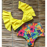 Women's Sexy V-neck High Waist Floral Ruffled Bikini Set