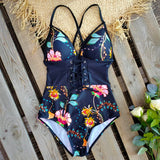 Backless Push Up Abdomen Control Waist Print Vintage Retro Beach Wear