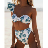 High Waist Double Ruffle Print Off-Shoulder Bikini Set