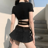 Punk Hollow Out Letter Print Bodycon Short Sleeve Crop Top