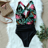 One Piece Halter Swimsuit Print Cross Backless Monokini