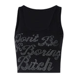 Sexy Cute Tank Tops Glitter Rhinestone Letter Rib Knit Crop Tops