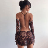 Backless Flared Sleeves Lace Up Leopard Bodycon Mini Dress