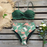 Leaf Print Push Up Bikinis Set High Waist Swimming Suits