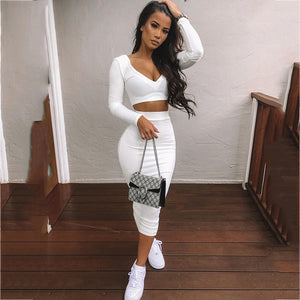 Women Two Piece Long Sleeve Crop Top Long Skirt Set Party Summer