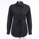 Hollow Out Lace Up Turn-Down Collar Front Button Top