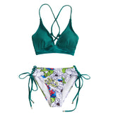 Floral Lace-Up Bikini Set Women V-neck 2-Pieces Swimsuits