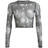 New 2019 Sexy Women Sheer Mesh Cupid Tee Sun Moon Print Long Sleeve Slim Crop Tops Crow Neck Transparent Tee Top