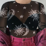 New 2019 Sexy Women Sheer Mesh Cupid Tee Sun Moon Print Long Sleeve Slim Crop Tops Crow Neck Transparent Tee Top