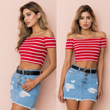 2019 New Summer Hot Sale Streetwear Women Sexy Casual Off Shoulder Tank Top Vest Blouse Crop Tops Slash Neck Striped Tee Tops