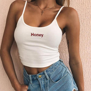 Women Honey Letter Strap Tank Tops 2019 Female Slip Crop Tops Sexy Camis Club Camisoles White Red Ladies Short Tight Shirt