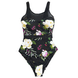 Floral Print Mesh Patchwork Swimsuit O-Neck Lace-Up Monokini