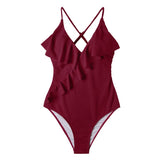 Women's Solid One-Piece Swimsuit V Neck Ruffle Monokini