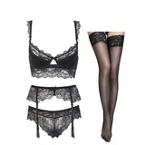 Floral Lace Bra Panties Garter Stockings 4-Piece Lingerie Set