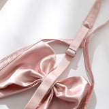 Open Dew Cream Lingerie 3-Pieces Set Bow Dot Bra Panties Garter