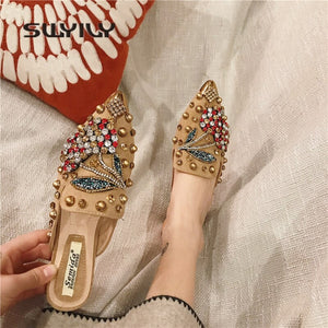 Women Crystal Flower Half Slippers