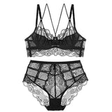 High Waist Transparent Lingerie Deep V Lace Bra Underwear Set