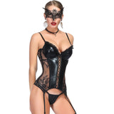 Women's Gothic Punk Corset Set Sexy Lace Costume Faux Leather Bustier Lingerie